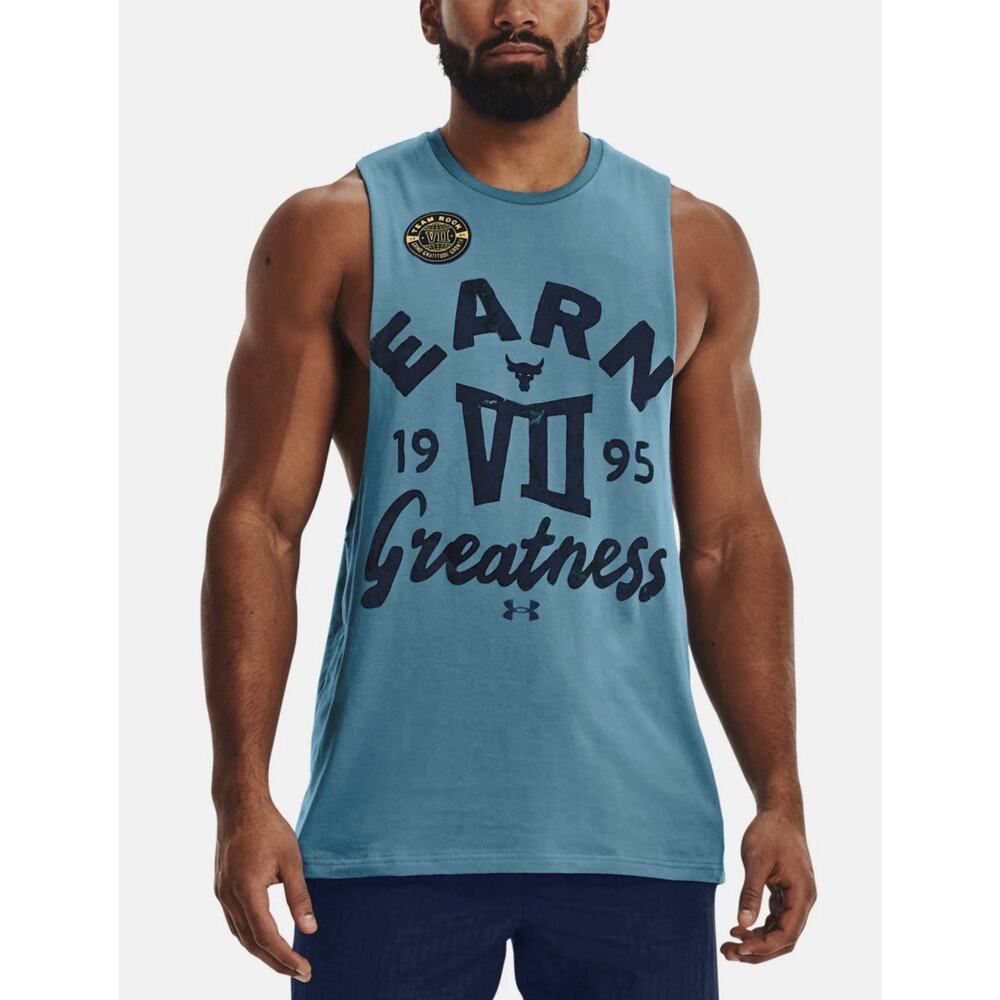 Under Armour Project Rock Blue Tank Top Earn Greatness Workout Gym Shirt Mens XL
